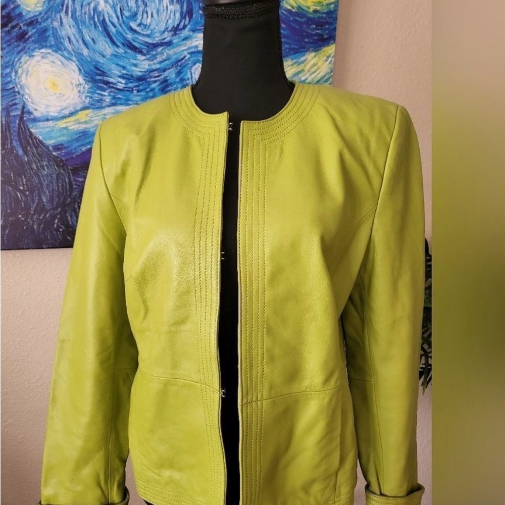 Valerie Stevens Bright Lime Leather Jacket - Collarless Open Front
